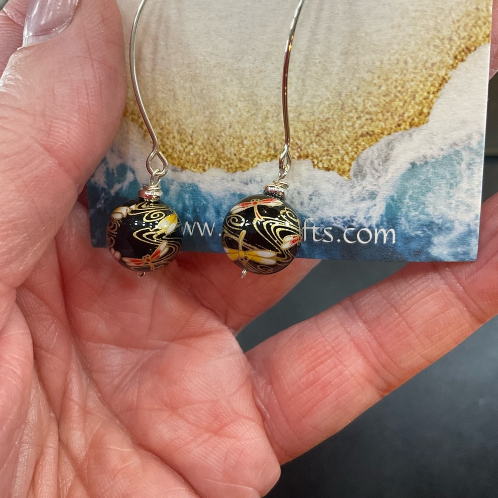 Japanese Dragonfly Black Temari Ball earrings with Red and Yellow